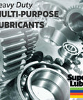 Close-up of gears and bearings with Super Lube logo, promoting heavy-duty multi-purpose lubricants.
