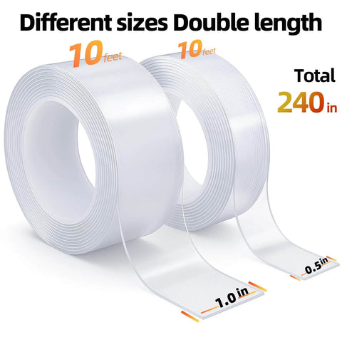 Two For One Value Heavy Duty Nano Gel Double Sided Mounting Tape 240 Inches Total Removable Clear Adhesive shown in two roll sizes