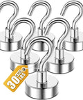Heavy Duty Neodymium Magnetic Hooks 6 Pack Holds Up To 30 Lbs Each for Garage Wall Mount Fridge Kitchen Classroom Grills Ship Cabin Silver