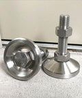 Heavy duty carbon steel nickel plated 4 inch adjustable leveling feet for furniture and equipment; stabilizes on uneven floors, resists moisture and corrosion, M10 x 100mm threaded, 1100 lb load per leg, pack of 2.
