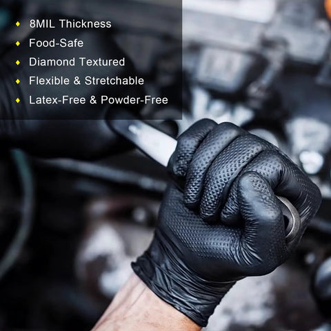 Mechanic using Heavy Duty Nitrile Gloves with Diamond Texture 8 Mil for Superior Wet Grip while holding a wrench
