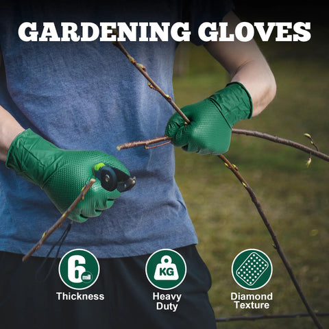 Heavy Duty Nitrile Gloves 6 Mil Dark Green Diamond Texture Mechanic Latex Free shown trimming branches outdoors