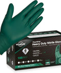 Heavy Duty Nitrile Gloves 6 Mil Dark Green Diamond Texture Mechanic Latex Free with box showing features