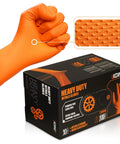 Heavy Duty Nitrile Gloves Diamond Texture Grip Powder Free Latex Free 100 Count box with glove and close-up texture view