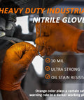 Heavy Duty Nitrile Gloves Diamond Texture Grip Powder Free Latex Free 100 Count, orange gloves in use, industrial setting