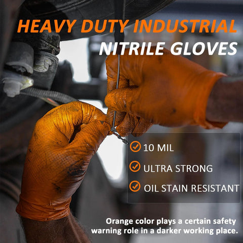 Heavy Duty Nitrile Gloves Diamond Texture Grip Powder Free Latex Free 100 Count, orange gloves in use, industrial setting