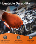 Mechanic using Nitrile Disposable Gloves Diamond Textured 10mil Heavy Duty XL for engine repair, showcasing grip and durability