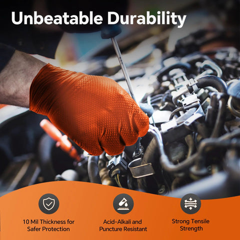 Mechanic using Nitrile Disposable Gloves Diamond Textured 10mil Heavy Duty XL for engine repair, showcasing grip and durability