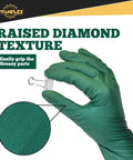 Heavy Duty Nitrile Gloves 6 Mil Dark Green Diamond Texture Mechanic Latex Free hand holding a clip