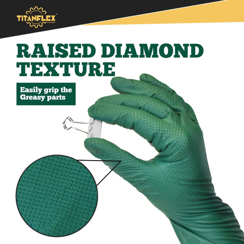Heavy Duty Nitrile Gloves 6 Mil Dark Green Diamond Texture Mechanic Latex Free hand holding a clip