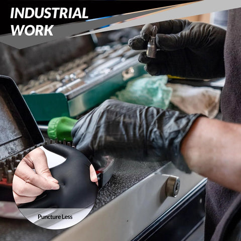 Heavy Duty Nitrile Gloves 6 Mil Black Disposable 100 Count for industrial tasks, shown in use highlighting puncture resistance.