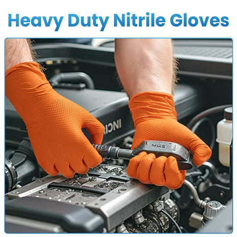 Mechanic wearing 8 Mil Nitrile Disposable Gloves Heavy Duty Mechanic Large 100 Count Powder Free while working on a car engine.