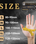 Hand with tape measure showing sizes for Heavy Duty Diamond Grip Nitrile Gloves 8 Mil Puncture and Chemical Resistant 100