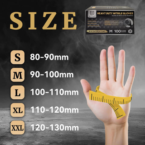 Hand with tape measure showing sizes for Heavy Duty Diamond Grip Nitrile Gloves 8 Mil Puncture and Chemical Resistant 100