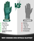 Comparison of Heavy Duty Nitrile Gloves 6 Mil Dark Green Diamond Texture with standard gray nitrile gloves.