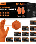 Orange Nitrile Disposable Gloves Diamond Textured 10mil Heavy Duty XL Mechanic Gloves packaging with gloves and texture detail