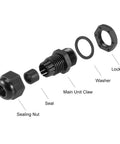Exploded view of Beefy Heavy Duty M16x1.5 Cable Gland For 4mm To 8mm Wire Holes Waterproof Nylon Joint with locknut and washer, black.