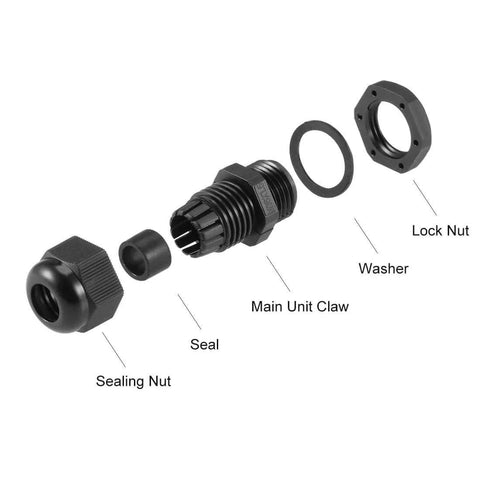 Exploded view of Beefy Heavy Duty M16x1.5 Cable Gland For 4mm To 8mm Wire Holes Waterproof Nylon Joint with locknut and washer, black.