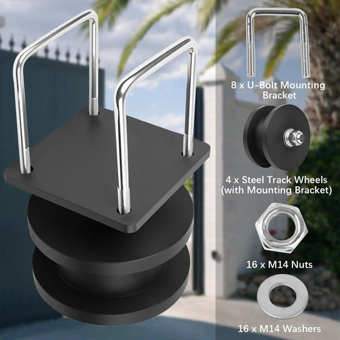 Heavy Duty Nylon Cantilever Gate Rollers Kit for 4 Inch Square Posts and 2 Inch Chain Link Fence Gate Frames, Easy Sliding Roller Assembly for Cantilever Rail Gates, Durable Weather Resistant Gate Roller Set.