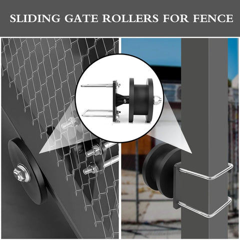 Heavy Duty Nylon Cantilever Gate Rollers Kit for 4 Inch Square Posts and 2 Inch Chain Link Fence Gate Frames installed view