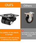 Comparison of Heavy Duty Plate Caster Set 1 Inch Four Low Profile Nylon Double Wheel Casters With 1100 Lb Total Capacity and a rusted single wheel caster.