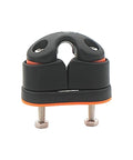 Front view of WEISUYUUS nylon rope clamp cleat for marine use; black body with orange gasket, two mounting bolts.