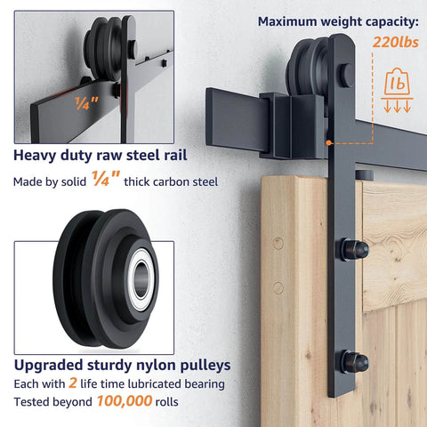 6FT Heavy Duty Double Door Sliding Barn Door Hardware Kit with carbon steel track and nylon rollers, close-up view of rail and pulley