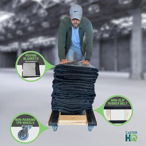 Man pushing American Made Solid Oak H Frame Furniture Dolly For Moving Heavy Loads 18 By 30 Inches With Non Slip Grip And 3.5 Inch Thermo Rubber Wheels 900 Lb Capacity Kiln Dried Red Oak Construction Movers Grade By CasterHQ with blankets.