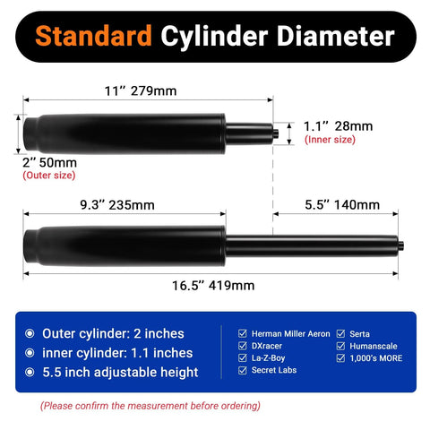 Remplacement de vérin pour chaise de bureau à usage intensif, Inch 28 à 42 Inch , avec Inch 14 Inch (schéma illustrant dimensions).