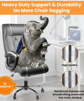 An elephant sitting on a heavy-duty office chair showcasing reinforced support and durability in an office setting.
