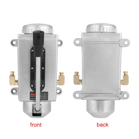 Front and back view of Heavy Duty Lubricating Oil Pump For Lathe And Milling Machines Double Port Manual Oil Oiler With Metal Body