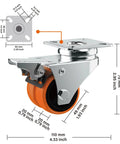 Two Wheel Casters Set Of Four Heavy Duty 2 Inch Orange TPE With Brake Double Wheel Swivel Plate Locking Castor Wheels side view