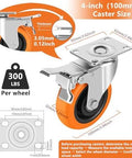 4-inch caster wheel with orange polyurethane, swivel plate, brake, and 300 lbs load capacity, ideal for carts and furniture.