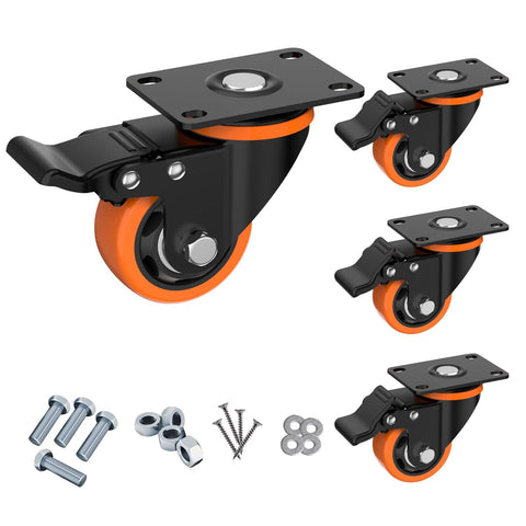 3 Inch Orange Caster Wheels Set Of 4 Heavy Duty Locking Industrial Swivel Top Plate Casters With Brake 2300 Lb Capacity