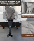 Heavy Duty Waterproof Outboard Motor Cover Fits 115 To 225 HP Engines on boat with elastic hem and tight stitching