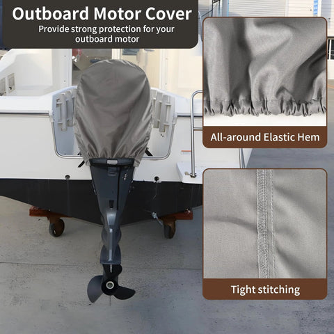 Heavy Duty Waterproof Outboard Motor Cover Fits 115 To 225 HP Engines on boat with elastic hem and tight stitching