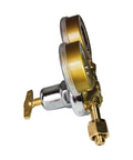 Heavy Duty Oxygen Regulator for Welding and Cutting Torch Kit in full brass with large tank gauges, angled view, CGA 540.