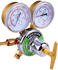 Heavy Duty Oxygen Regulator For Large Tanks By Ysmikiya With Beefy Brass Chrome Plated Body And Dual Gauges, close-up view.