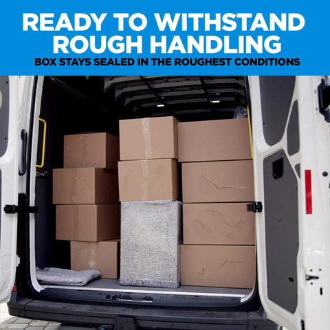 Boxes sealed with Scotch Heavy Duty Packaging Tape 1.88 In x 54.6 yd loaded in van, showcasing strong pack and shipment durability.