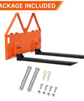 Heavy Duty 46 Inch Pallet Fork Attachment For Tractor Loader And Skid Steer Universal Quick Attach With 2600 Lb Per Fork Load Capacity For Farm Warehouse And Material Handling, showing components and orange frame.