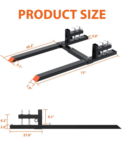 Heavy Duty Pallet Forks For Tractor Attachments And Skid Steer Loader Buckets, 6000 Lb Capacity, 77 Inch Clamp On Pallet Forks displayed