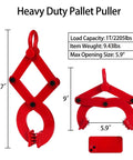 Beefy Heavy Duty Pallet Puller Clamp 1 Ton Steel Single Scissor Hook For Lifting And Pulling Pallets With Five Point Nine Inch Jaw Opening