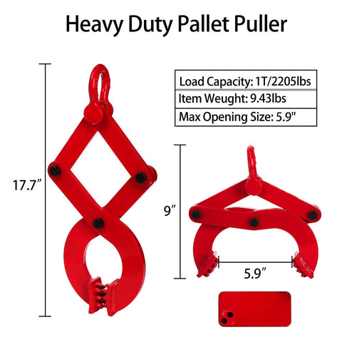 Beefy Heavy Duty Pallet Puller Clamp 1 Ton Steel Single Scissor Hook For Lifting And Pulling Pallets With Five Point Nine Inch Jaw Opening