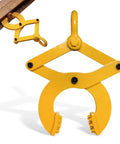 Beefy Heavy Duty Pallet Puller Clamp With 6000 Lb Capacity gripping wood pallet, yellow steel frame, hook design