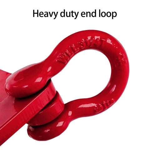 Close-up of red heavy duty end loop on Beefy Heavy Duty Pallet Puller Clamp 1 Ton Steel Single Scissor Hook For Lifting And Pulling Pallets.