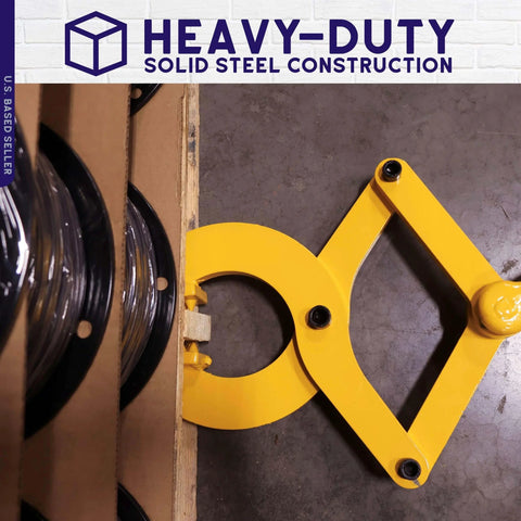 Beefy Heavy Duty Pallet Puller Clamp With 6000 Lb Capacity in use, clamping onto wooden pallet, showing solid steel construction.