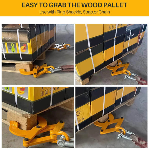 Heavy Duty Pallet Puller Clamp 1T 2204Lbs Steel Pallet Jack Puller With 5 Inch Jaw Opening Scissor Hook Pallet Grabber attached to pallets