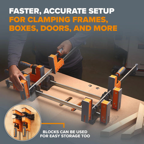 Heavy Duty 8 Piece Parallel Clamp Set For Woodworking with two 24 inch and two 40 inch clamps in use on a woodworking table.