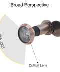 Heavy Duty 200 Degree Door Peephole Viewer With Rotating Privacy Cover Built Tough For One And A Half To Two And Three Eighths Inch Exterior Doors Brushed Antique Copper Finish HD Lens Delivers Wide Angle Security View From Top To Feet with optical lens and 200° view diagram.