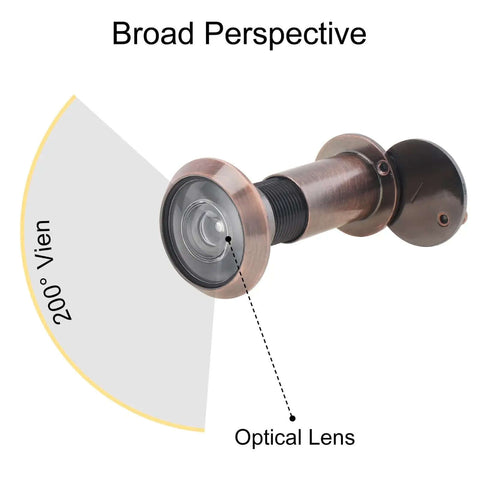Heavy Duty 200 Degree Door Peephole Viewer With Rotating Privacy Cover Built Tough For One And A Half To Two And Three Eighths Inch Exterior Doors Brushed Antique Copper Finish HD Lens Delivers Wide Angle Security View From Top To Feet with optical lens and 200° view diagram.